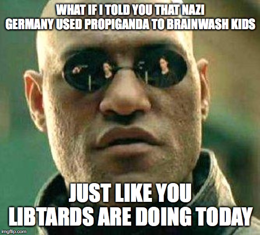 What if i told you | WHAT IF I TOLD YOU THAT NAZI GERMANY USED PROPIGANDA TO BRAINWASH KIDS JUST LIKE YOU LIBTARDS ARE DOING TODAY | image tagged in what if i told you | made w/ Imgflip meme maker