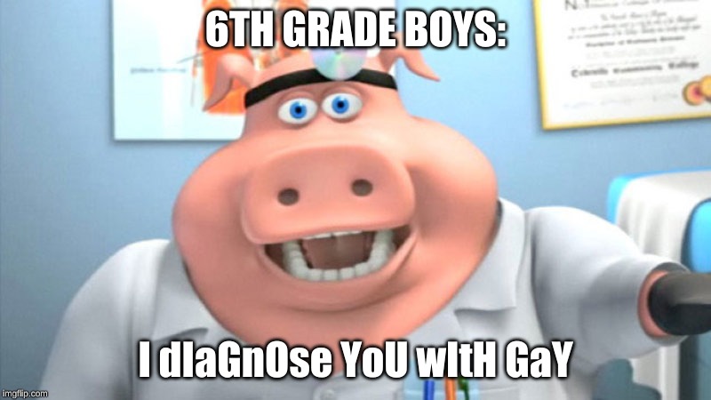 Am I right or am I correct? | 6TH GRADE BOYS:; I dIaGnOse YoU wItH GaY | image tagged in i diagnose you with dead,memes,funny,funny memes,funny meme,pig doctor | made w/ Imgflip meme maker