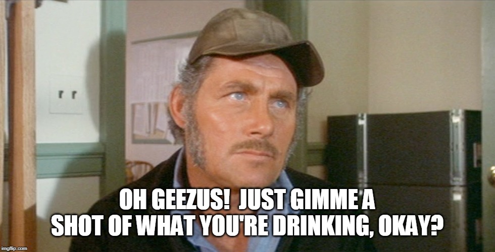 OH GEEZUS!  JUST GIMME A SHOT OF WHAT YOU'RE DRINKING, OKAY? | made w/ Imgflip meme maker