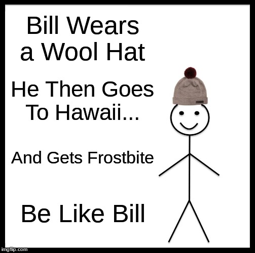 Be Like Bill | Bill Wears a Wool Hat; He Then Goes To Hawaii... And Gets Frostbite; Be Like Bill | image tagged in memes,be like bill | made w/ Imgflip meme maker