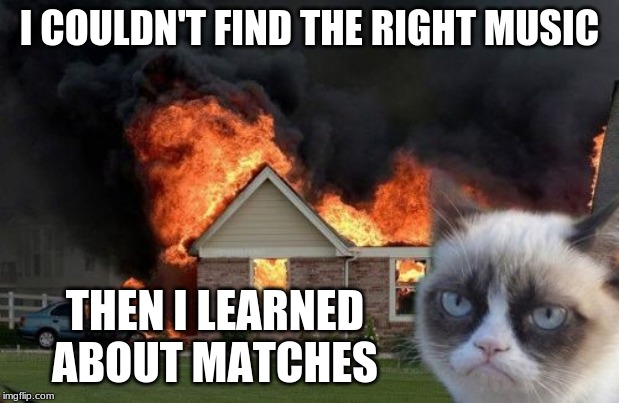 Burn Kitty | I COULDN'T FIND THE RIGHT MUSIC; THEN I LEARNED ABOUT MATCHES | image tagged in memes,burn kitty,grumpy cat | made w/ Imgflip meme maker