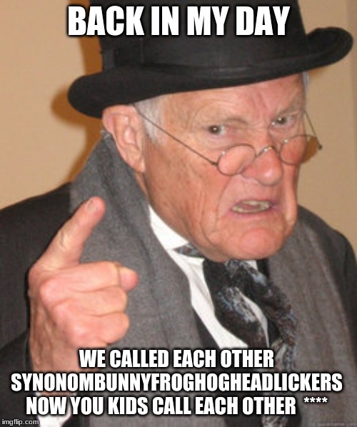 Back In My Day | BACK IN MY DAY; WE CALLED EACH OTHER SYNONOMBUNNYFROGHOGHEADLICKERS
NOW YOU KIDS CALL EACH OTHER  **** | image tagged in memes,back in my day | made w/ Imgflip meme maker
