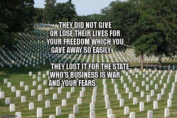 Fallen Soldiers | THEY DID NOT GIVE OR LOSE THEIR LIVES FOR YOUR FREEDOM WHICH YOU GAVE AWAY SO EASILY                       
       THEY LOST IT FOR THE STATE WHO'S BUSINESS IS WAR AND YOUR FEARS | image tagged in fallen soldiers | made w/ Imgflip meme maker