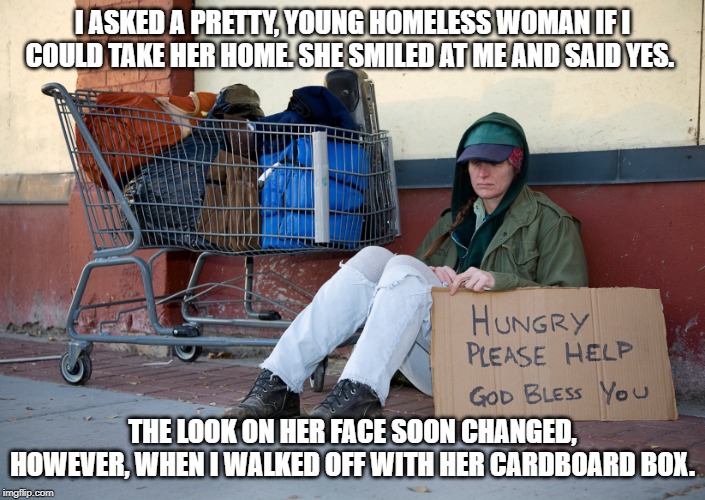 Home Sweet Mine | I ASKED A PRETTY, YOUNG HOMELESS WOMAN IF I COULD TAKE HER HOME. SHE SMILED AT ME AND SAID YES. THE LOOK ON HER FACE SOON CHANGED, HOWEVER, WHEN I WALKED OFF WITH HER CARDBOARD BOX. | image tagged in homeless woman with sign | made w/ Imgflip meme maker