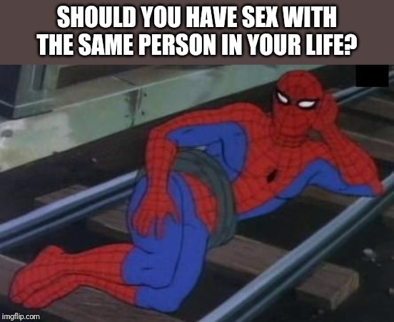 Sexy Railroad Spiderman Meme | SHOULD YOU HAVE SEX WITH THE SAME PERSON IN YOUR LIFE? | image tagged in memes,sexy railroad spiderman,spiderman | made w/ Imgflip meme maker