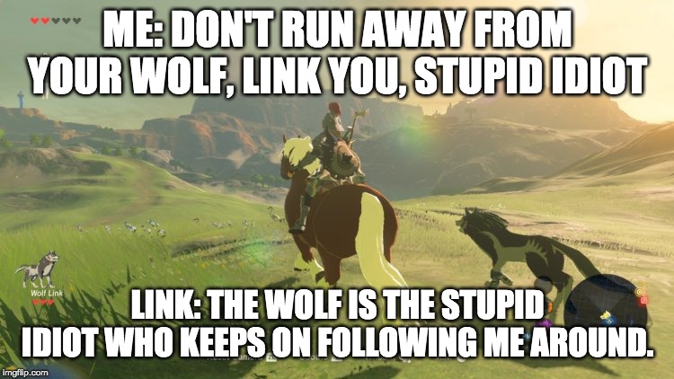 wolf link | ME: DON'T RUN AWAY FROM YOUR WOLF, LINK YOU, STUPID IDIOT; LINK: THE WOLF IS THE STUPID IDIOT WHO KEEPS ON FOLLOWING ME AROUND. | image tagged in the legend of zelda breath of the wild | made w/ Imgflip meme maker