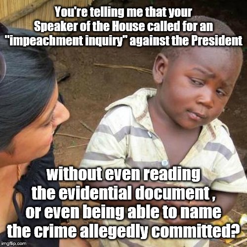Nancy Pelosi is a despicable politician | You're telling me that your Speaker of the House called for an "impeachment inquiry" against the President; without even reading the evidential document , or even being able to name the crime allegedly committed? | image tagged in third world skeptical kid | made w/ Imgflip meme maker