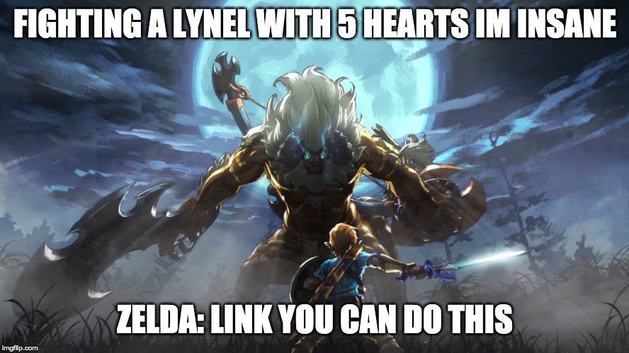 lynel fight | FIGHTING A LYNEL WITH 5 HEARTS IM INSANE; ZELDA: LINK YOU CAN DO THIS | image tagged in the legend of zelda breath of the wild | made w/ Imgflip meme maker