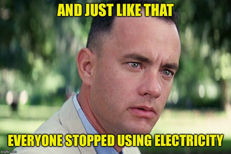 And Just Like That Meme | AND JUST LIKE THAT EVERYONE STOPPED USING ELECTRICITY | image tagged in memes,and just like that | made w/ Imgflip meme maker
