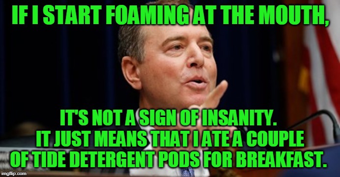 Don't be Alarmed | IF I START FOAMING AT THE MOUTH, IT'S NOT A SIGN OF INSANITY.  IT JUST MEANS THAT I ATE A COUPLE OF TIDE DETERGENT PODS FOR BREAKFAST. | image tagged in adam schiff,insanity,tide pods | made w/ Imgflip meme maker