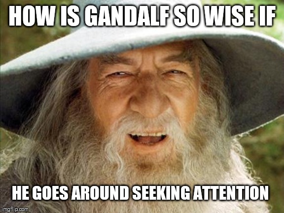 A Wizard Is Never Late |  HOW IS GANDALF SO WISE IF; HE GOES AROUND SEEKING ATTENTION | image tagged in a wizard is never late | made w/ Imgflip meme maker