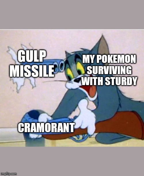 Tom and Jerry | GULP MISSILE; MY POKEMON SURVIVING WITH STURDY; CRAMORANT | image tagged in tom and jerry | made w/ Imgflip meme maker