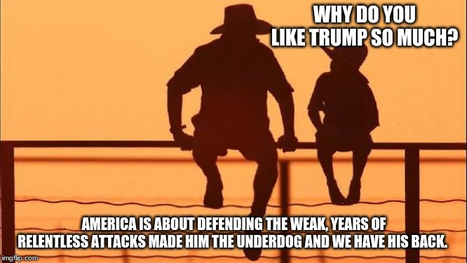 Cowboy wisdom on the President | WHY DO YOU LIKE TRUMP SO MUCH? AMERICA IS ABOUT DEFENDING THE WEAK, YEARS OF RELENTLESS ATTACKS MADE HIM THE UNDERDOG AND WE HAVE HIS BACK. | image tagged in cowboy father and son,cowboy wisdom,president trump,maga,we the people,trump 2020 2024 2028 | made w/ Imgflip meme maker