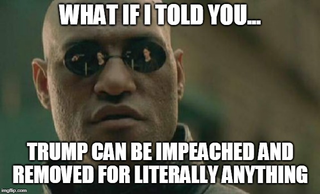 Matrix Morpheus | WHAT IF I TOLD YOU... TRUMP CAN BE IMPEACHED AND REMOVED FOR LITERALLY ANYTHING | image tagged in memes,matrix morpheus,politics | made w/ Imgflip meme maker