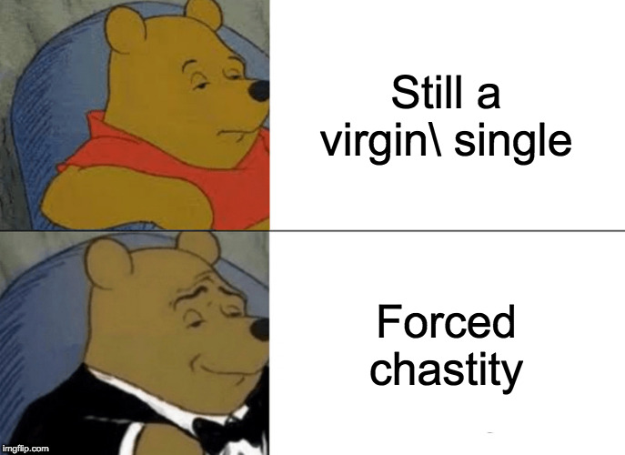 Tuxedo Winnie The Pooh Meme | Still a virgin\ single; Forced chastity | image tagged in memes,tuxedo winnie the pooh | made w/ Imgflip meme maker