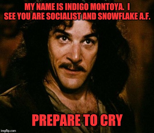 Inigo Montoya | MY NAME IS INDIGO MONTOYA.  I SEE YOU ARE SOCIALIST AND SNOWFLAKE A.F. PREPARE TO CRY | image tagged in memes,inigo montoya | made w/ Imgflip meme maker