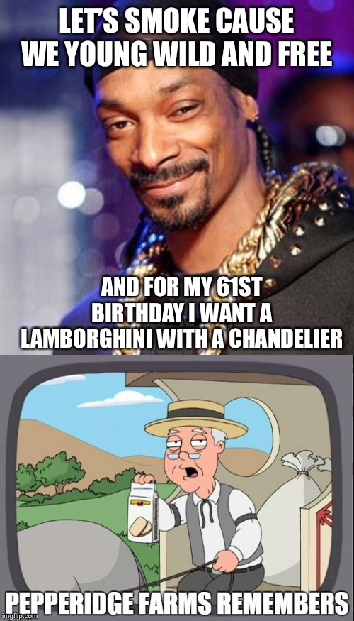 LET’S SMOKE CAUSE WE YOUNG WILD AND FREE; AND FOR MY 61ST BIRTHDAY I WANT A LAMBORGHINI WITH A CHANDELIER | image tagged in snoop dogg,pepperidge farms remembers | made w/ Imgflip meme maker