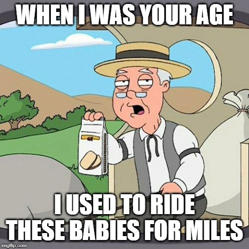 Pepperidge Farm Remembers Meme | WHEN I WAS YOUR AGE; I USED TO RIDE THESE BABIES FOR MILES | image tagged in memes,pepperidge farm remembers | made w/ Imgflip meme maker