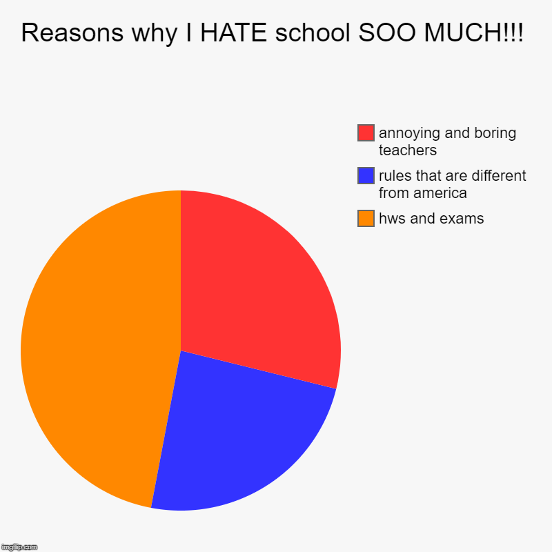 Reasons why I HATE school SOO MUCH!!! | hws and exams, rules that are different from america, annoying and boring teachers | image tagged in charts,pie charts | made w/ Imgflip chart maker