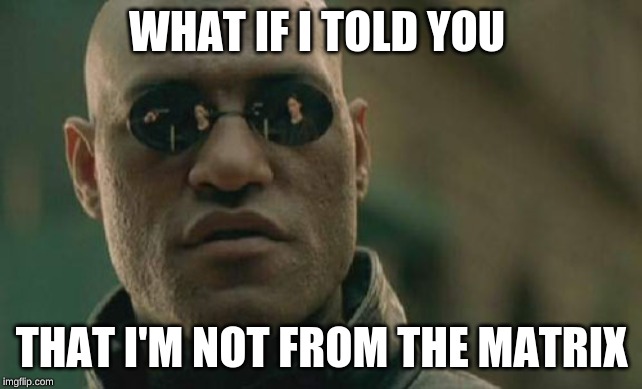 Matrix Morpheus Meme | WHAT IF I TOLD YOU; THAT I'M NOT FROM THE MATRIX | image tagged in memes,matrix morpheus | made w/ Imgflip meme maker