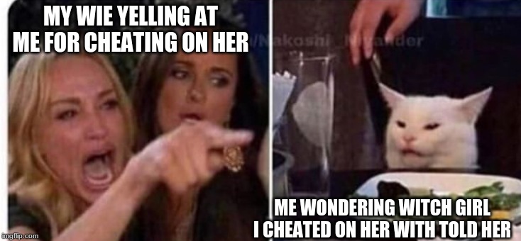 Cat at table |  MY WIE YELLING AT ME FOR CHEATING ON HER; ME WONDERING WITCH GIRL I CHEATED ON HER WITH TOLD HER | image tagged in cat at table | made w/ Imgflip meme maker