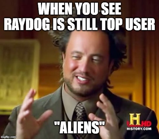 ALIENS | WHEN YOU SEE RAYDOG IS STILL TOP USER; "ALIENS" | image tagged in memes,ancient aliens | made w/ Imgflip meme maker