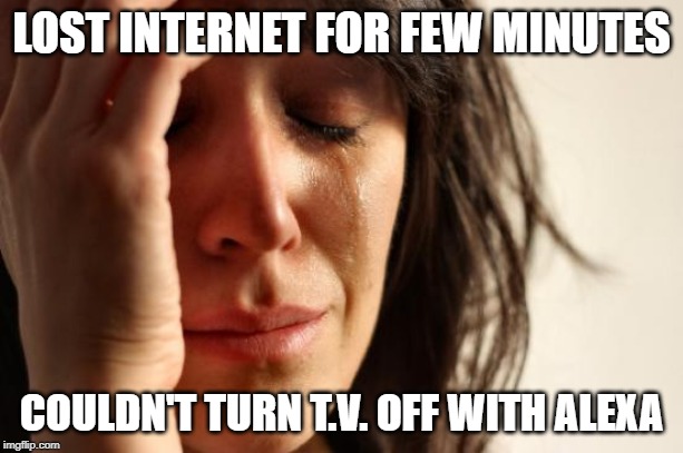 First World Problems Meme | LOST INTERNET FOR FEW MINUTES; COULDN'T TURN T.V. OFF WITH ALEXA | image tagged in memes,first world problems,AdviceAnimals | made w/ Imgflip meme maker