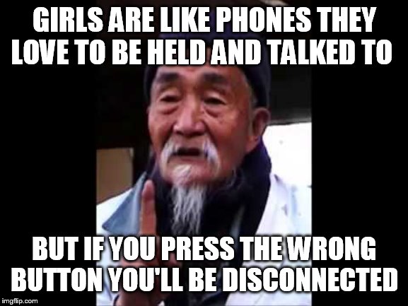 Wise Chinese | GIRLS ARE LIKE PHONES THEY LOVE TO BE HELD AND TALKED TO; BUT IF YOU PRESS THE WRONG BUTTON YOU'LL BE DISCONNECTED | image tagged in wise chinese | made w/ Imgflip meme maker