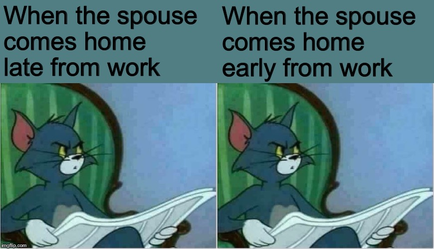 Get it together, will ya? |  When the spouse comes home late from work; When the spouse comes home early from work | image tagged in interrupting tom's read,memes,funny,husband,wife,me time | made w/ Imgflip meme maker