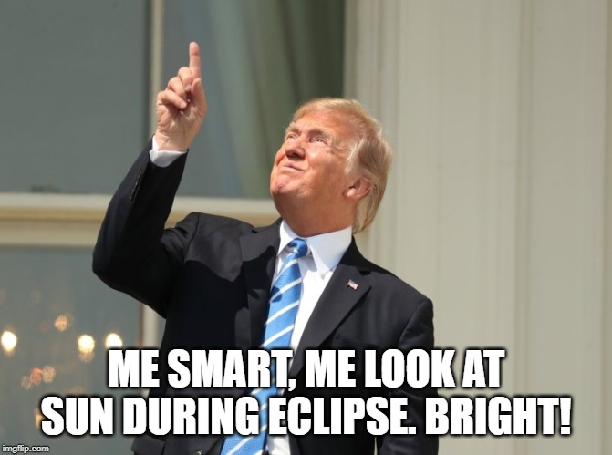 trump eclipse | ME SMART, ME LOOK AT SUN DURING ECLIPSE. BRIGHT! | image tagged in trump eclipse | made w/ Imgflip meme maker