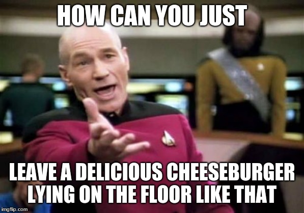 Unbelievable... | HOW CAN YOU JUST; LEAVE A DELICIOUS CHEESEBURGER LYING ON THE FLOOR LIKE THAT | image tagged in memes,picard wtf | made w/ Imgflip meme maker
