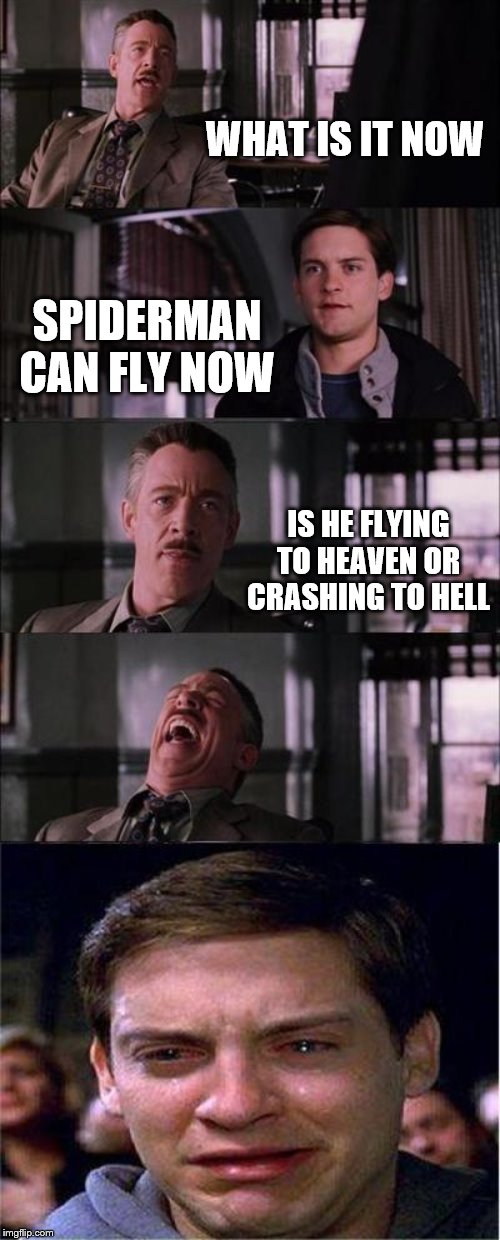 Peter Parker Cry Meme | WHAT IS IT NOW SPIDERMAN CAN FLY NOW IS HE FLYING TO HEAVEN OR CRASHING TO HELL | image tagged in memes,peter parker cry | made w/ Imgflip meme maker