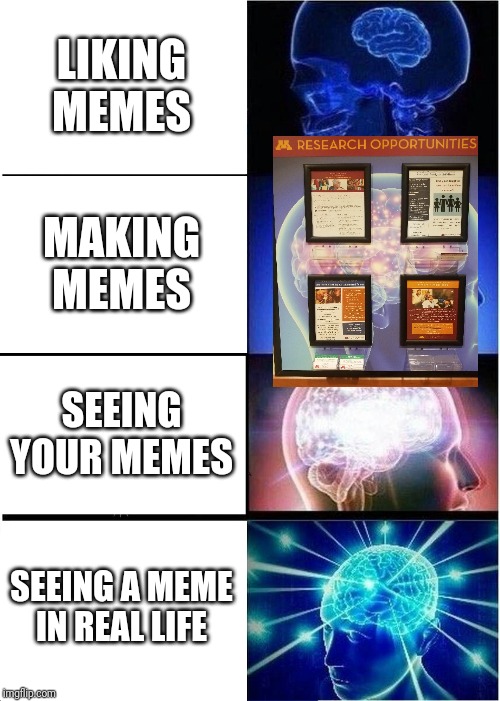 Saw a meme template in real life! | LIKING MEMES; MAKING MEMES; SEEING YOUR MEMES; SEEING A MEME IN REAL LIFE | image tagged in memes,expanding brain,real life,mind blown | made w/ Imgflip meme maker