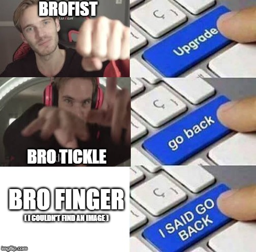 I SAID GO BACK | BROFIST; BRO TICKLE; BRO FINGER; ( I COULDN'T FIND AN IMAGE ) | image tagged in i said go back | made w/ Imgflip meme maker