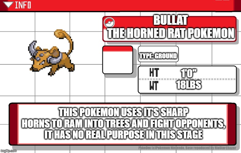 don't ask... | BULLAT
THE HORNED RAT POKEMON; TYPE: GROUND; 1'0''
18LBS; THIS POKEMON USES IT'S SHARP HORNS TO RAM INTO TREES AND FIGHT OPPONENTS, IT HAS NO REAL PURPOSE IN THIS STAGE | image tagged in imgflip username pokedex | made w/ Imgflip meme maker