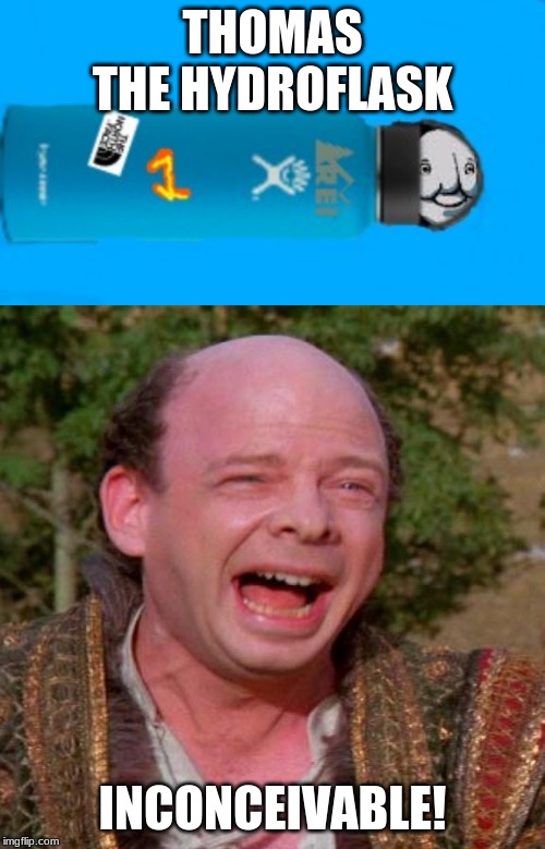 Thomas the vsco tank | THOMAS THE HYDROFLASK; INCONCEIVABLE! | image tagged in inconceivable vizzini | made w/ Imgflip meme maker