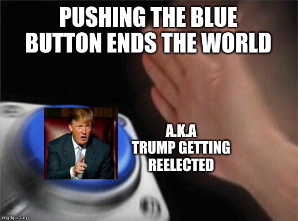 Blank Nut Button Meme | PUSHING THE BLUE BUTTON ENDS THE WORLD; A.K.A TRUMP GETTING REELECTED | image tagged in memes,blank nut button | made w/ Imgflip meme maker