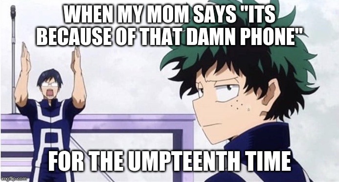 it really be like that | WHEN MY MOM SAYS "IT'S BECAUSE OF THAT DAMN PHONE"; FOR THE UMPTEENTH TIME | image tagged in deku ignoring iida | made w/ Imgflip meme maker