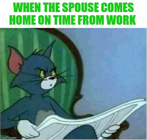 Interrupting Tom's Read | WHEN THE SPOUSE COMES HOME ON TIME FROM WORK | image tagged in interrupting tom's read | made w/ Imgflip meme maker