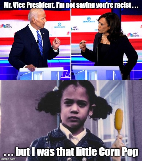 Kamala looking for relevance | Mr. Vice President, I'm not saying you're racist . . . . . . but I was that little Corn Pop | image tagged in kamala harris,joe biden | made w/ Imgflip meme maker