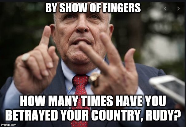 Traitor Lawyer | BY SHOW OF FINGERS; HOW MANY TIMES HAVE YOU BETRAYED YOUR COUNTRY, RUDY? | image tagged in traitor lawyer | made w/ Imgflip meme maker
