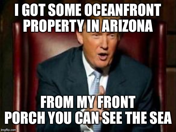 Donald Trump | I GOT SOME OCEANFRONT PROPERTY IN ARIZONA FROM MY FRONT PORCH YOU CAN SEE THE SEA | image tagged in donald trump | made w/ Imgflip meme maker