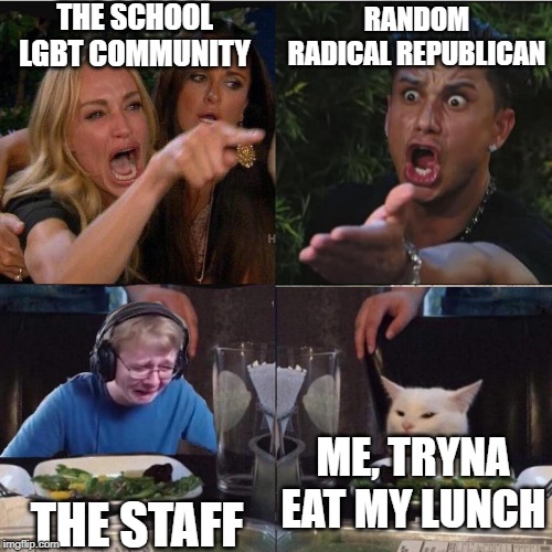 I'm fr*cking hungry | THE SCHOOL LGBT COMMUNITY; RANDOM RADICAL REPUBLICAN; THE STAFF; ME, TRYNA EAT MY LUNCH | image tagged in four panel taylor armstrong pauly d callmecarson cat | made w/ Imgflip meme maker