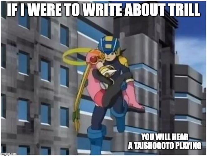 Megaman Holding Roll and Trill | IF I WERE TO WRITE ABOUT TRILL; YOU WILL HEAR A TAISHOGOTO PLAYING | image tagged in megaman nt warrior,megaman,memes,trill | made w/ Imgflip meme maker