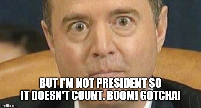 Adam Schiff weird eyes | BUT I'M NOT PRESIDENT SO IT DOESN'T COUNT. BOOM! GOTCHA! | image tagged in adam schiff weird eyes | made w/ Imgflip meme maker