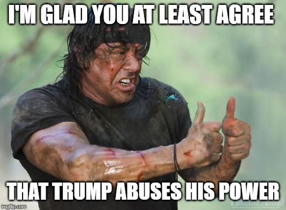 Rambo approved | I'M GLAD YOU AT LEAST AGREE THAT TRUMP ABUSES HIS POWER | image tagged in rambo approved | made w/ Imgflip meme maker