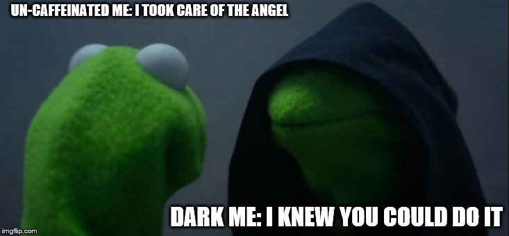 Evil Kermit Meme | UN-CAFFEINATED ME: I TOOK CARE OF THE ANGEL; DARK ME: I KNEW YOU COULD DO IT | image tagged in memes,evil kermit | made w/ Imgflip meme maker
