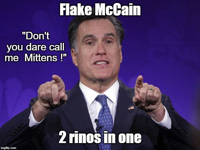 Flake "The Mitten" McCain takes off the gloves! | Flake McCain; "Don't you dare call me  Mittens !"; 2 rinos in one | image tagged in mitt romney,rino,jeff flake,john mccain | made w/ Imgflip meme maker