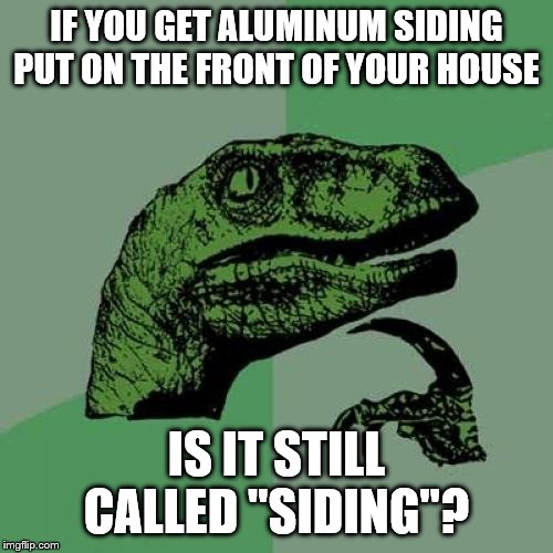 Philosoraptor | IF YOU GET ALUMINUM SIDING PUT ON THE FRONT OF YOUR HOUSE; IS IT STILL CALLED "SIDING"? | image tagged in memes,philosoraptor | made w/ Imgflip meme maker