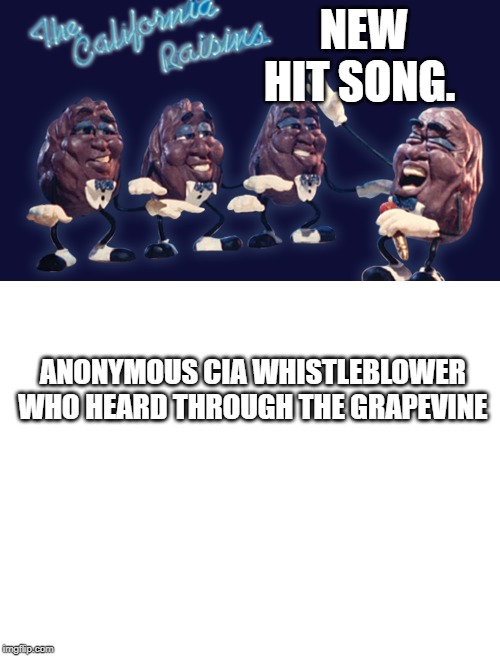 NEW HIT SONG. ANONYMOUS CIA WHISTLEBLOWER  WHO HEARD THROUGH THE GRAPEVINE | image tagged in blank white template | made w/ Imgflip meme maker